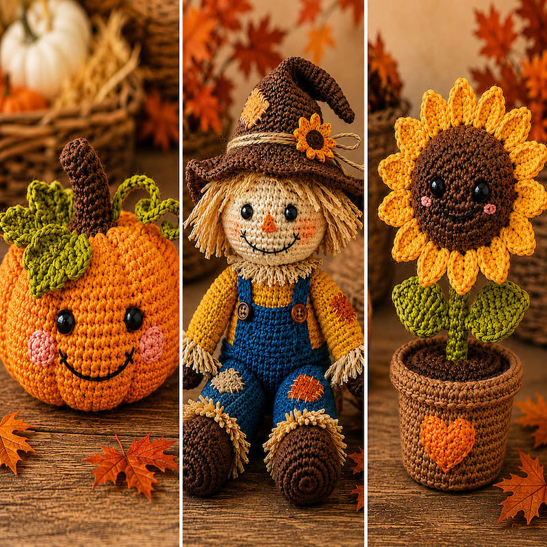 Crochet Scarecrow Doll with Pumpkin and Sunflower, Handmade Fall Decor, Autumn Home Decoration, PDF