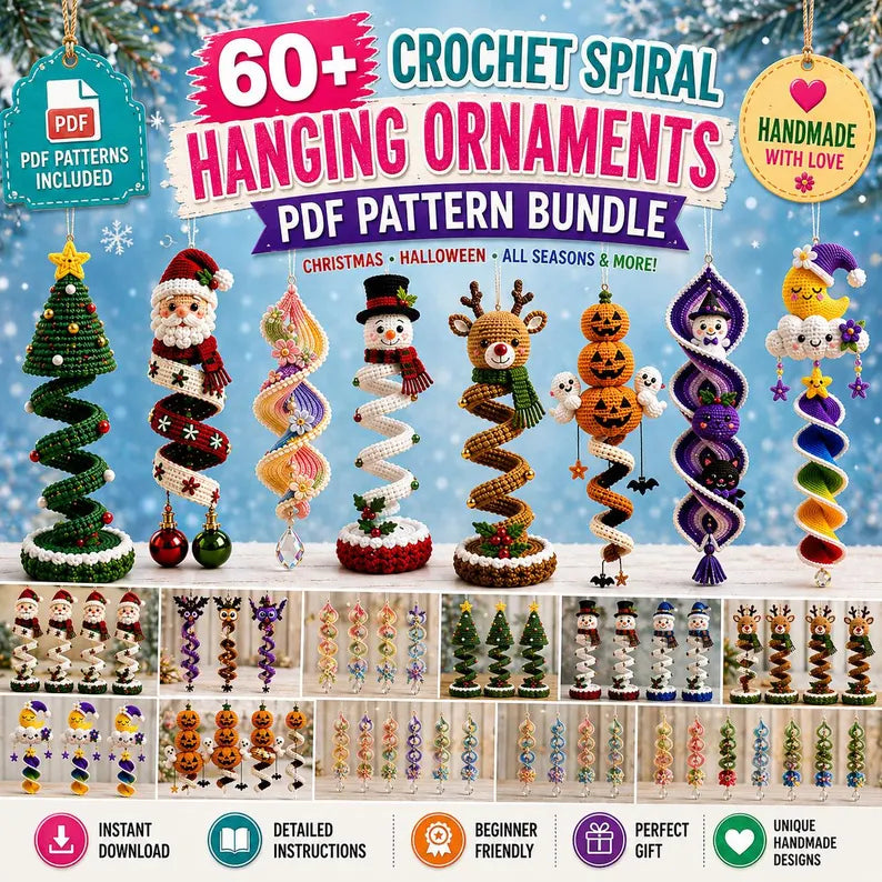 60+ Crochet Halloween and Christmas Spiral Pattern Bundle PDF | Hanging Amigurumi Christmas Decor Craft | Holiday Wind Spinner Ornament