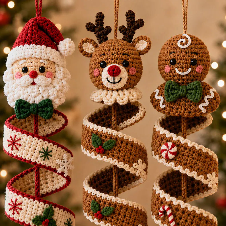 6 Christmas Spiral Ornament Crochet Patterns | Snowman, Santa, Reindeer, Gingerbread, Tree & Elf PDF