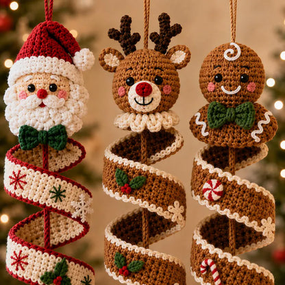 6 Christmas Spiral Ornament Crochet Patterns | Snowman, Santa, Reindeer, Gingerbread, Tree & Elf PDF