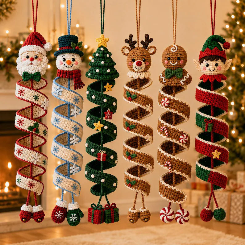 6 Christmas Spiral Ornament Crochet Patterns | Snowman, Santa, Reindeer, Gingerbread, Tree & Elf PDF
