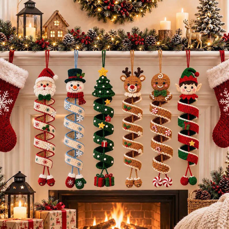 6 Christmas Spiral Ornament Crochet Patterns | Snowman, Santa, Reindeer, Gingerbread, Tree & Elf PDF