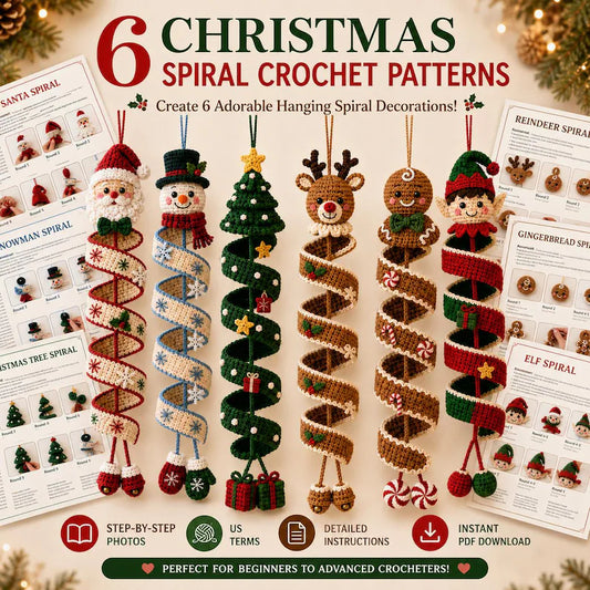 6 Christmas Spiral Ornament Crochet Patterns | Snowman, Santa, Reindeer, Gingerbread, Tree & Elf PDF