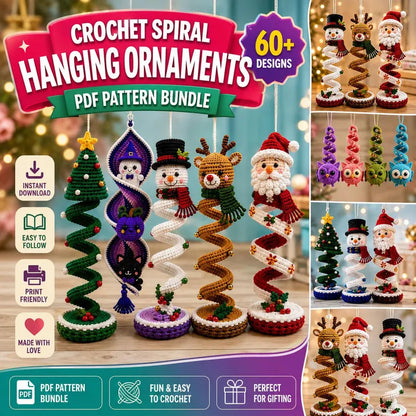 60+ Crochet Halloween and Christmas Spiral Pattern Bundle PDF | Hanging Amigurumi Christmas Decor Craft | Holiday Wind Spinner Ornament