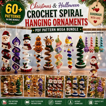60+ Crochet Halloween and Christmas Spiral Pattern Bundle PDF | Hanging Amigurumi Christmas Decor Craft | Holiday Wind Spinner Ornament