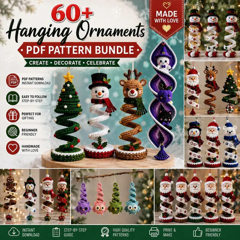 60+ Crochet Halloween and Christmas Spiral Pattern Bundle PDF | Hanging Amigurumi Christmas Decor Craft | Holiday Wind Spinner Ornament