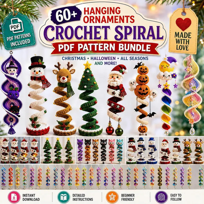 60+ Crochet Halloween and Christmas Spiral Pattern Bundle PDF | Hanging Amigurumi Christmas Decor Craft | Holiday Wind Spinner Ornament