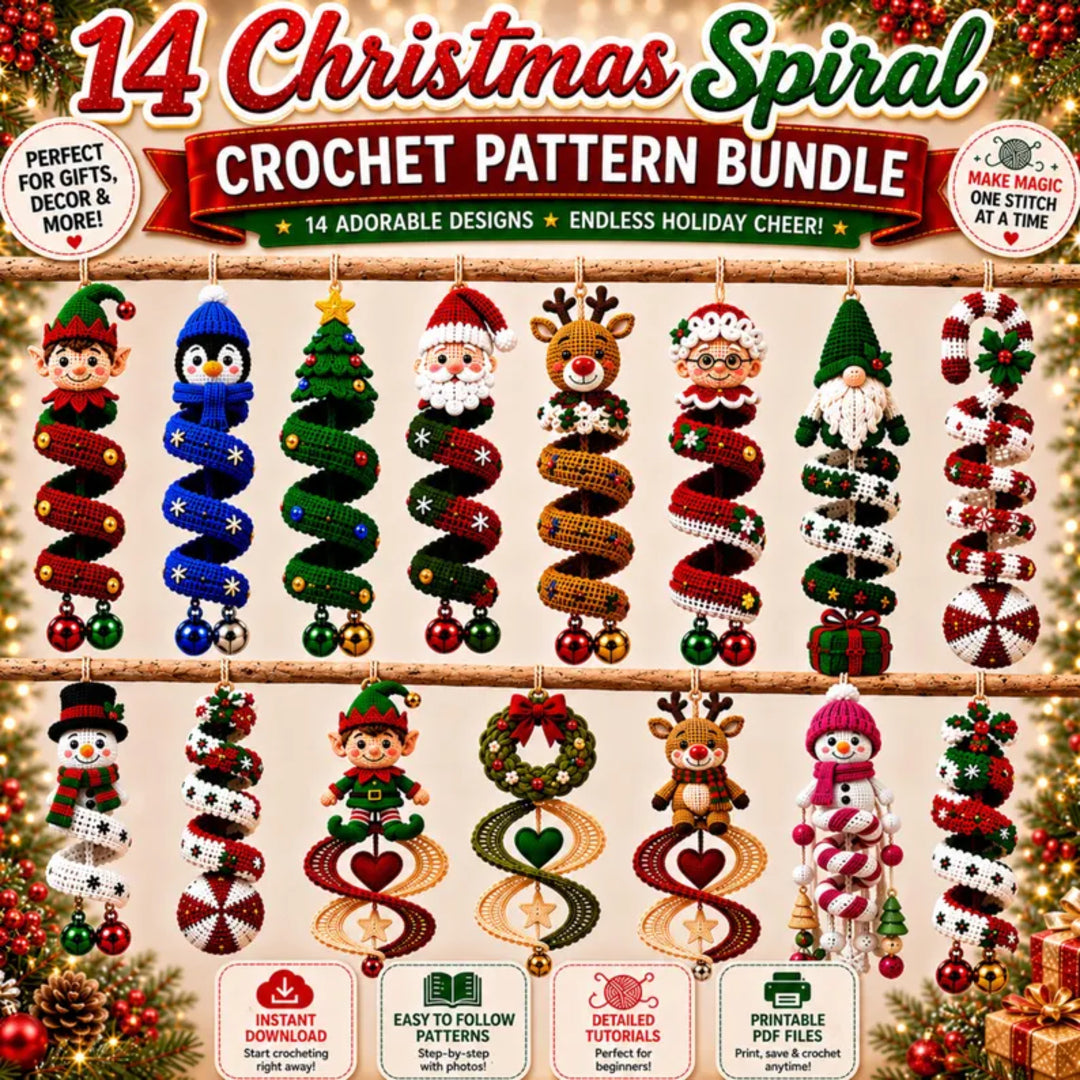 14 in 1 Christmas Crochet Spiral Pattern Bundle PDF, Santa Snowman Reindeer Elf Penguin, Amigurumi Ornament Digital Download.
