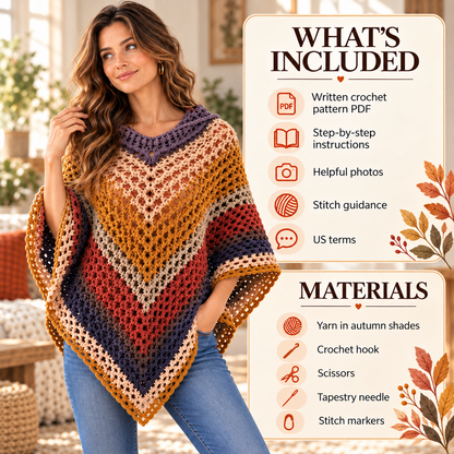 Autumn Leaves Hooded Poncho Crochet Pattern PDF