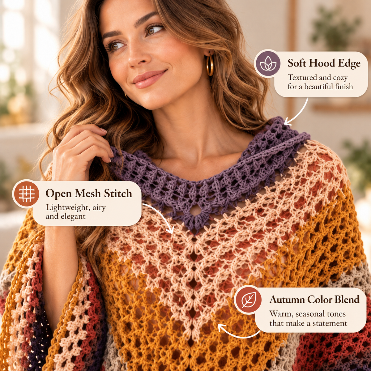 Autumn Leaves Hooded Poncho Crochet Pattern PDF