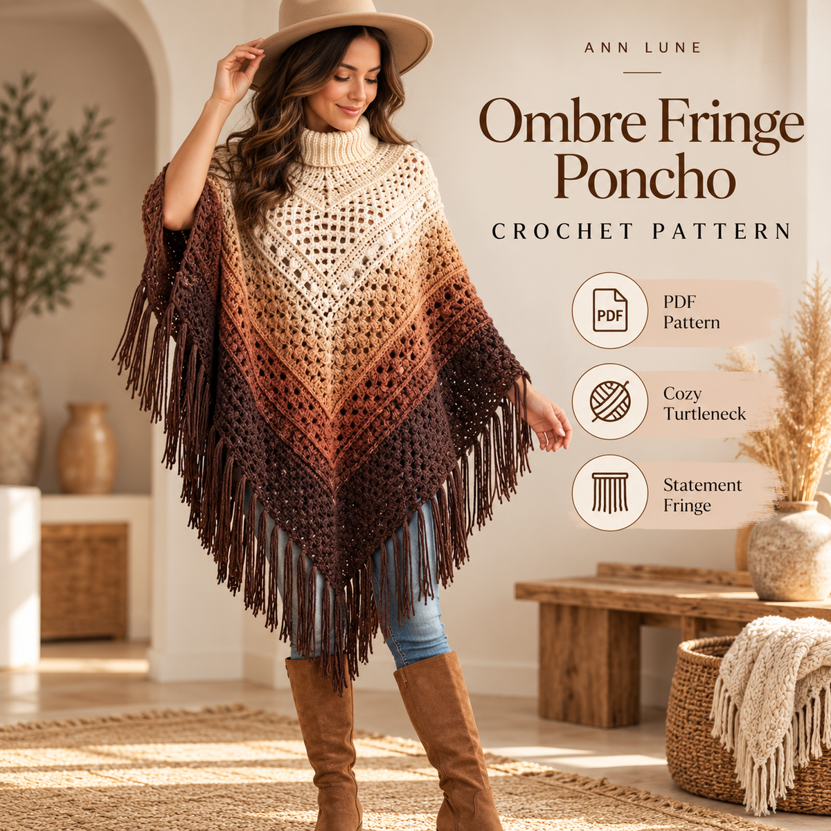 Ombre Fringe Poncho Crochet Pattern – Turtleneck Lace Poncho PDF Pattern