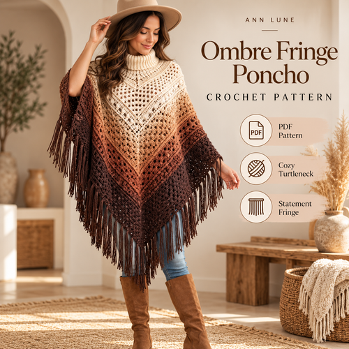 Ombre Fringe Poncho Crochet Pattern – Turtleneck Lace Poncho PDF Pattern