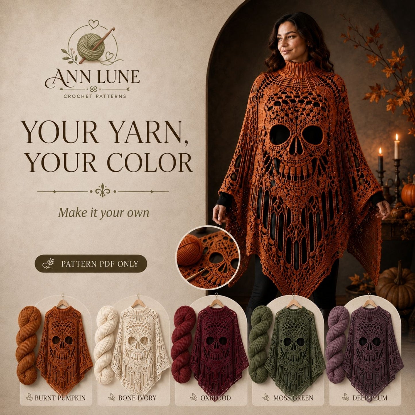 Skull Lace Poncho Crochet Pattern PDF, Gothic Cathedral Skull Poncho Pattern, Halloween Crochet Cape, 4 Languages Digital Download