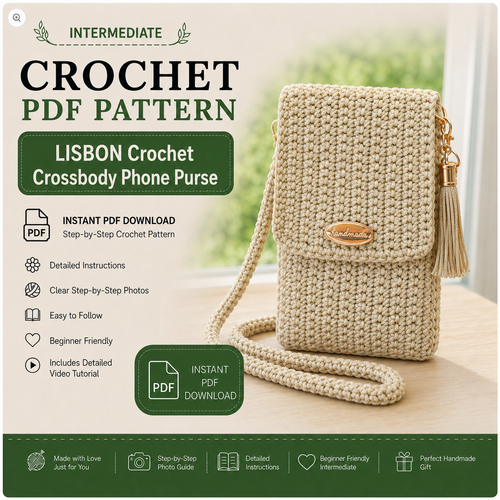 LISBON Crochet Crossbody Phone Purse Pattern PDF, Mini Bag & Phone Holder Tutorial, Step-by-Step Photos and Video, Instant Download