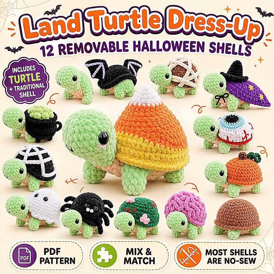 Land Turtle Dress-Up Crochet Pattern PDF – 12 Removable Halloween Shells, No-Sew Amigurumi Bundle, Digital Download-TDS