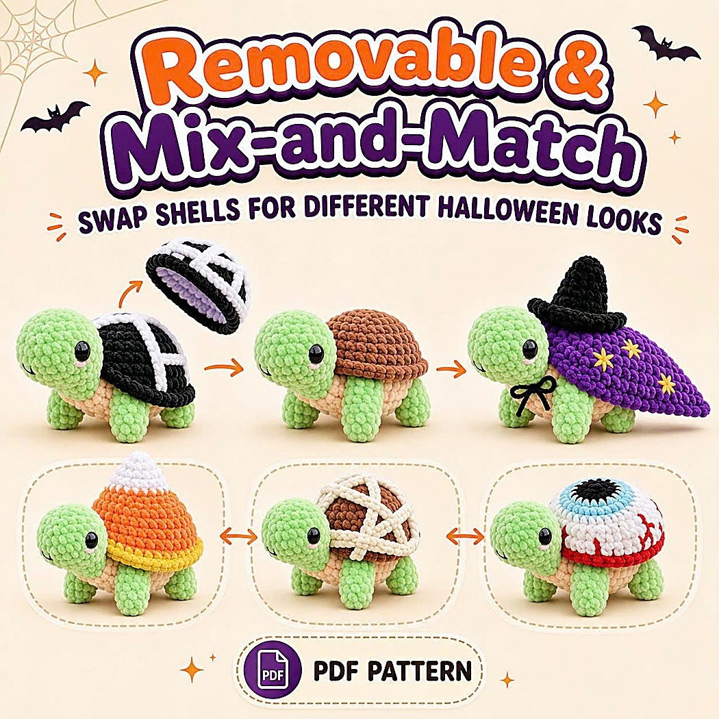 Land Turtle Dress-Up Crochet Pattern PDF – 12 Removable Halloween Shells, No-Sew Amigurumi Bundle, Digital Download-TDS
