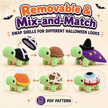 Land Turtle Dress-Up Crochet Pattern PDF – 12 Removable Halloween Shells, No-Sew Amigurumi Bundle, Digital Download-TDS