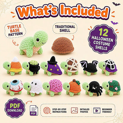 Land Turtle Dress-Up Crochet Pattern PDF – 12 Removable Halloween Shells, No-Sew Amigurumi Bundle, Digital Download-TDS
