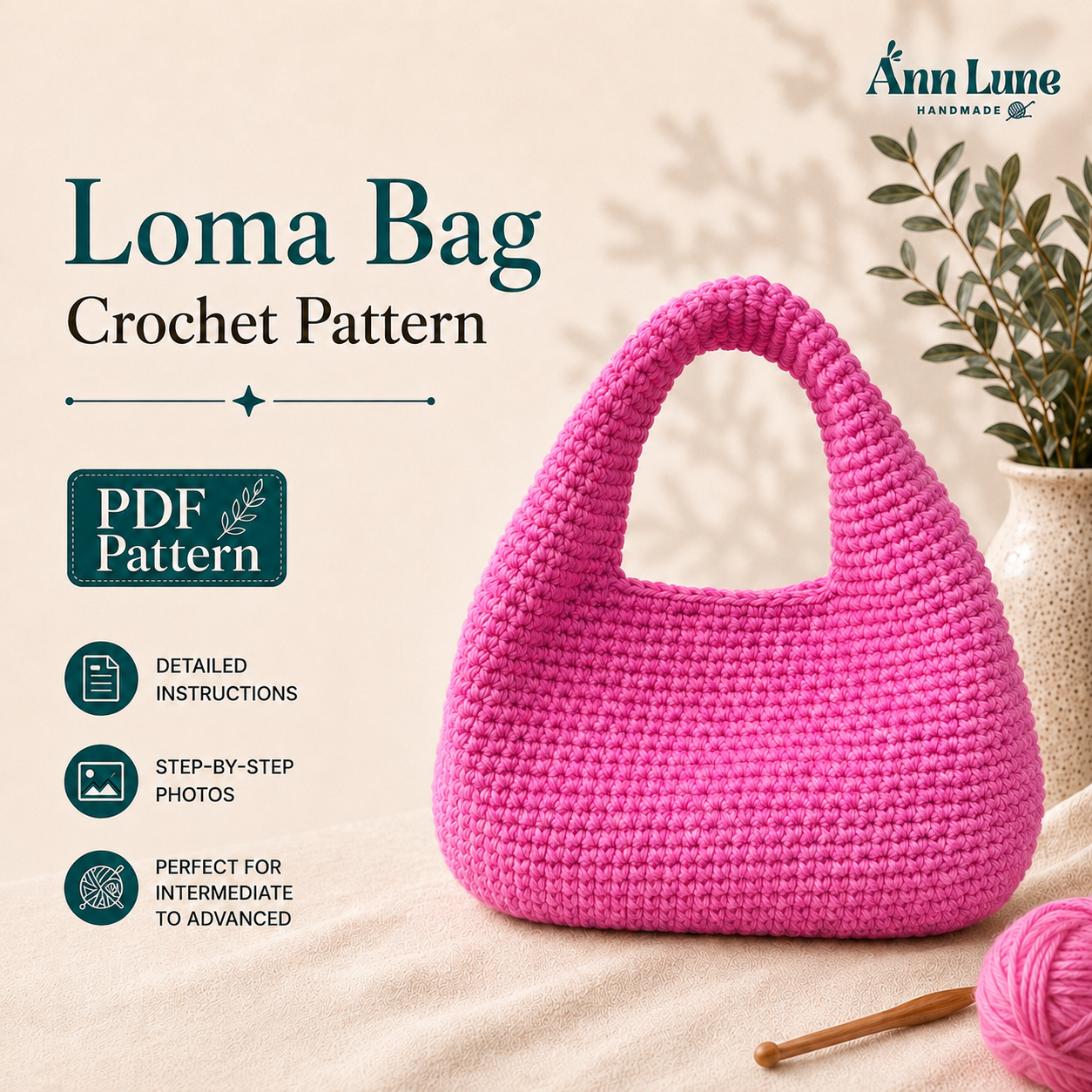 Loma Bag Crochet Pattern | Cotton Hobo Bag | Beginner & Advanced PDF + Video Tutorial
