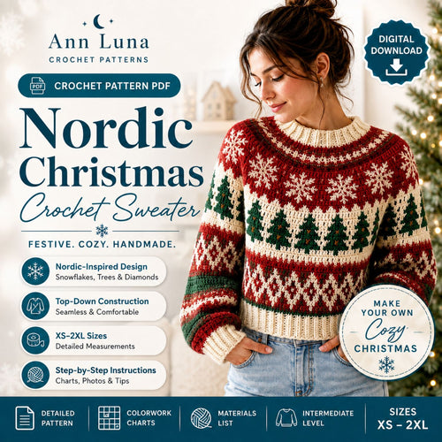 Nordic Christmas Crochet Sweater Pattern PDF – Step-by-Step Holiday Jumper Pattern, Christmas Colorwork Sweater, XS–2XL