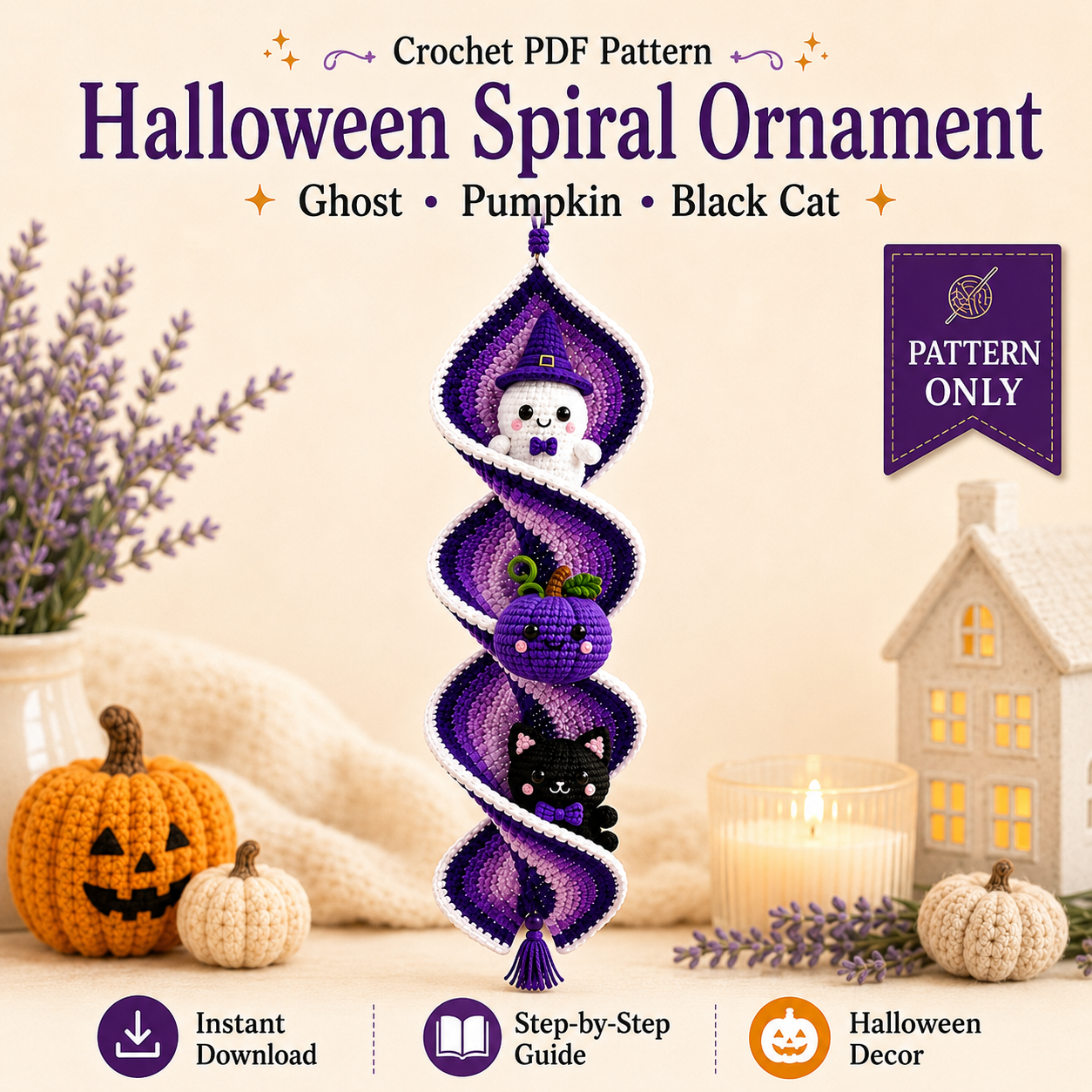 Halloween Crochet Spiral Wind Spinner Pattern PDF, Ghost Pumpkin Cat Amigurumi Spooky Hanging Decor Tutorial