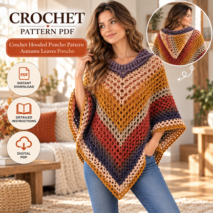 Autumn Leaves Hooded Poncho Crochet Pattern PDF