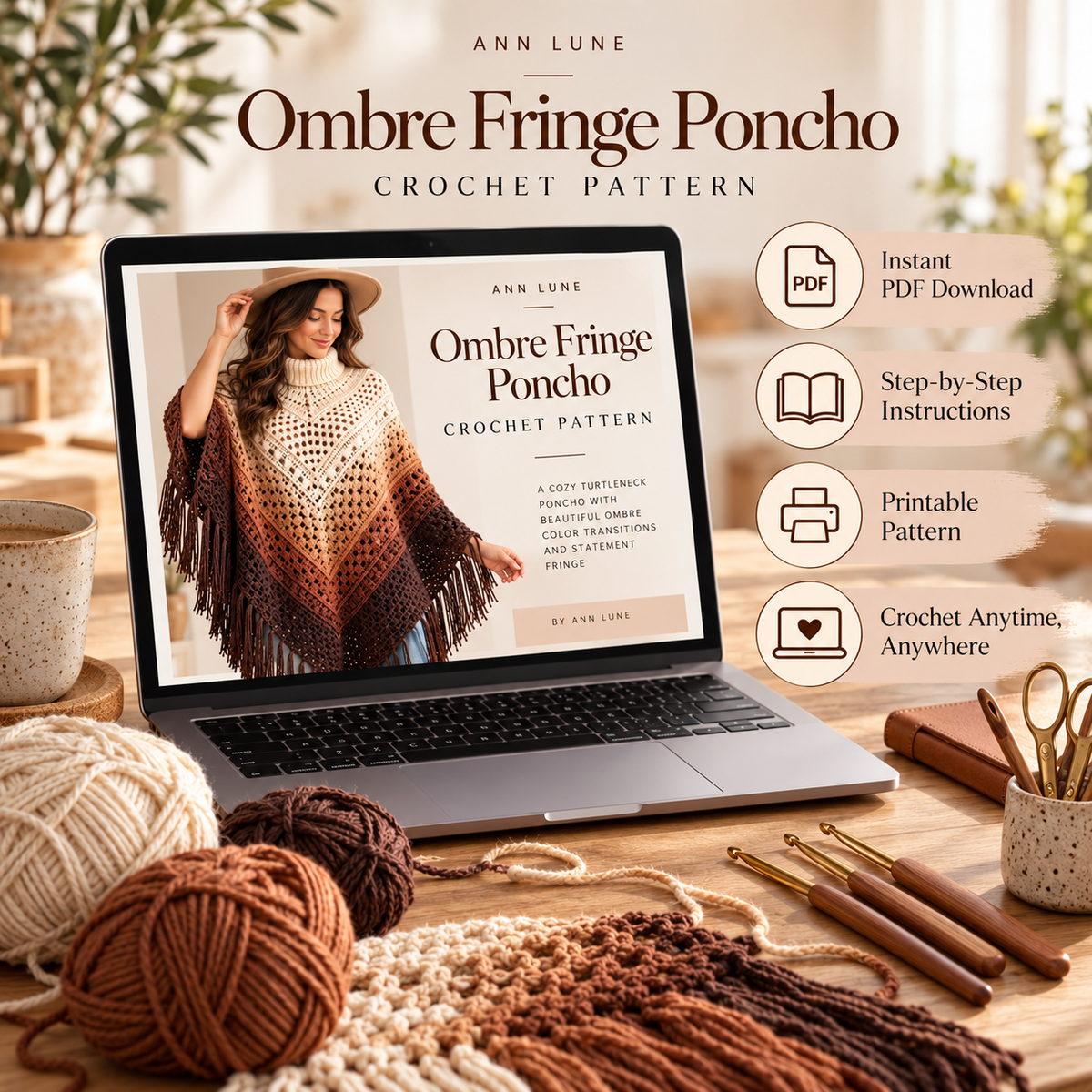 Ombre Fringe Poncho Crochet Pattern – Turtleneck Lace Poncho PDF Pattern