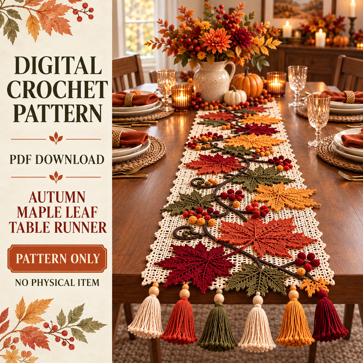 Autumn Maple Leaf Table Runner Crochet Pattern PDF – Fall Home Decor