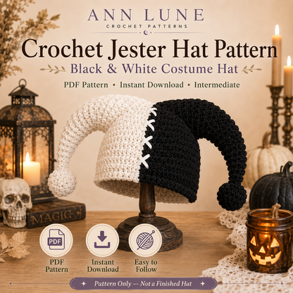 Black & White Jester Hat Crochet Pattern PDF – Halloween Costume Hat, Cosplay Crochet Pattern