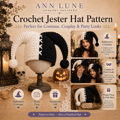 Black & White Jester Hat Crochet Pattern PDF – Halloween Costume Hat, Cosplay Crochet Pattern