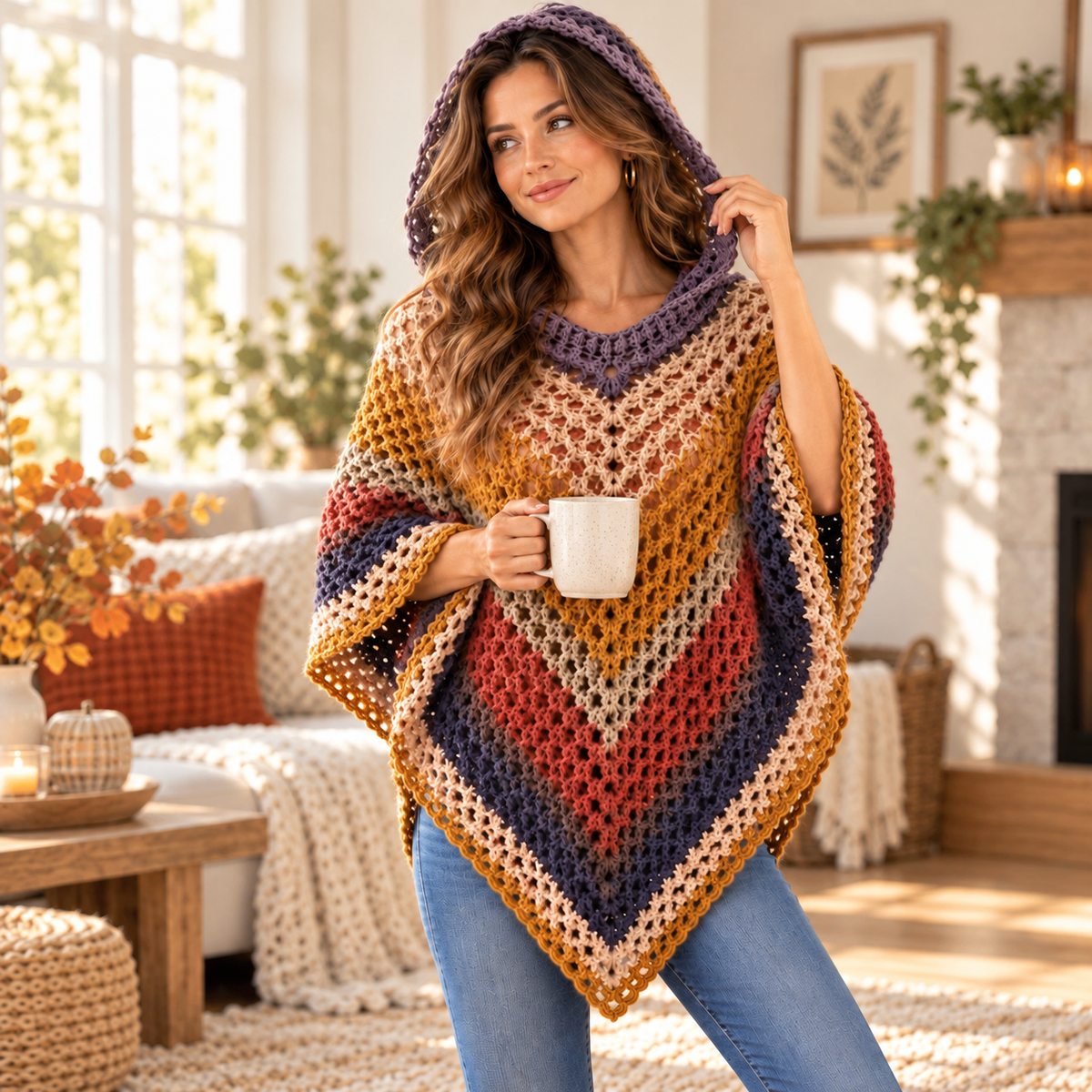 Autumn Leaves Hooded Poncho Crochet Pattern PDF