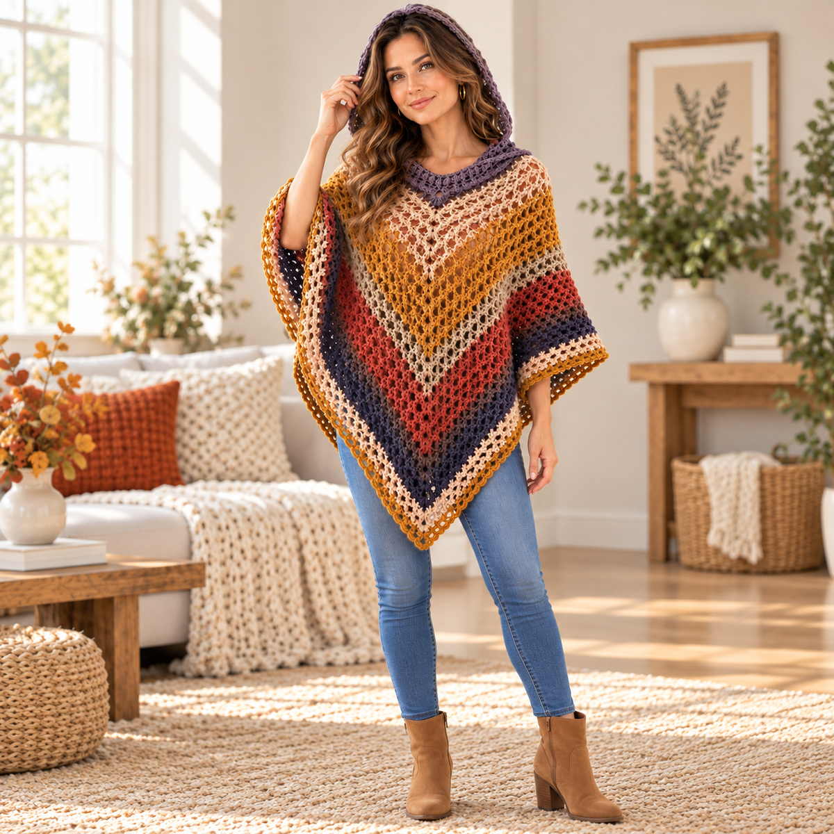 Autumn Leaves Hooded Poncho Crochet Pattern PDF