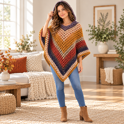 Autumn Leaves Hooded Poncho Crochet Pattern PDF