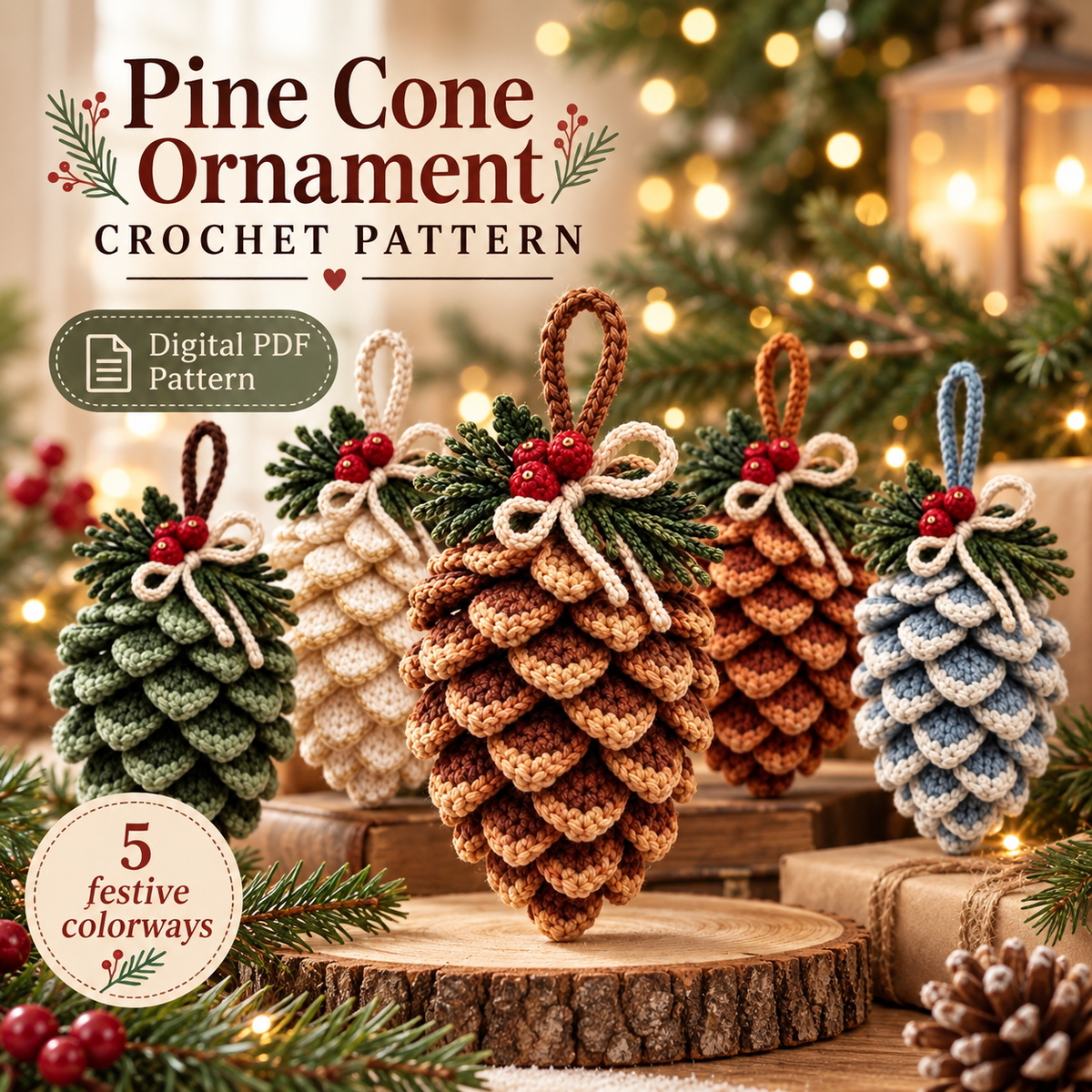 Pine Cone Christmas Ornament Crochet Pattern – 5 Colorways PDF