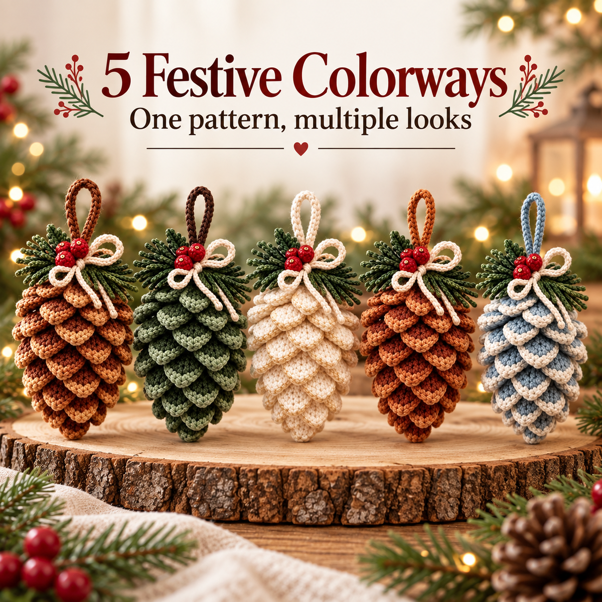Pine Cone Christmas Ornament Crochet Pattern – 5 Colorways PDF