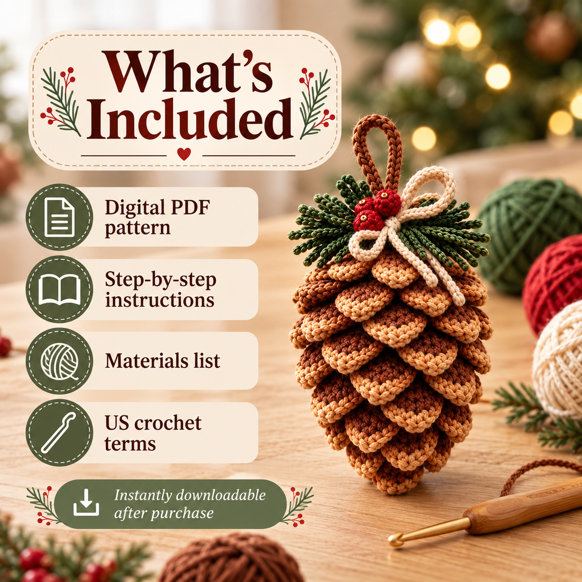 Pine Cone Christmas Ornament Crochet Pattern – 5 Colorways PDF