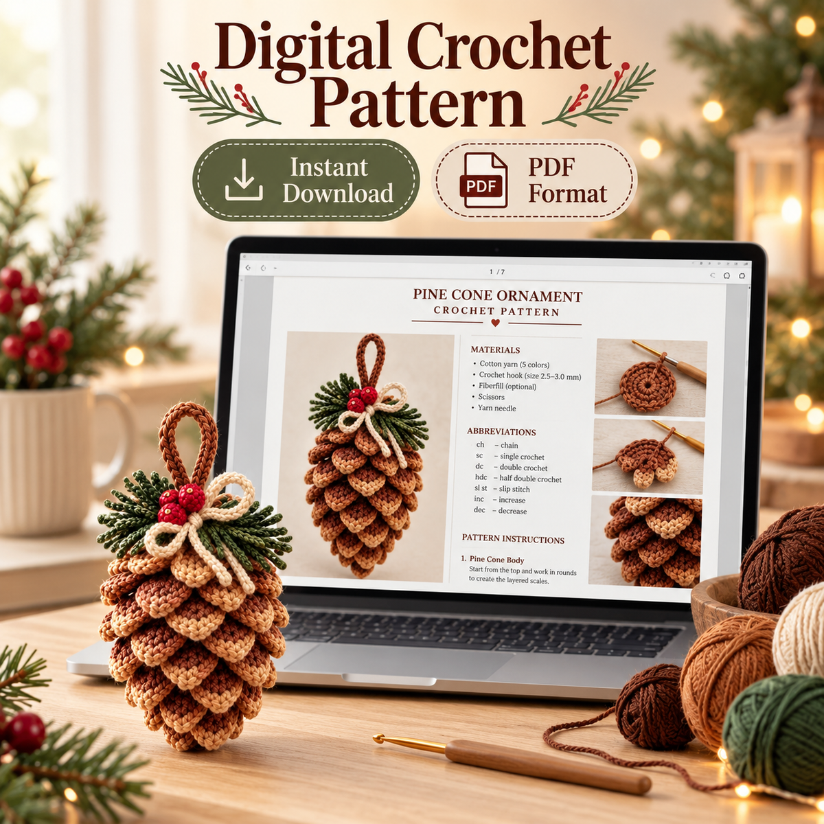 Pine Cone Christmas Ornament Crochet Pattern – 5 Colorways PDF