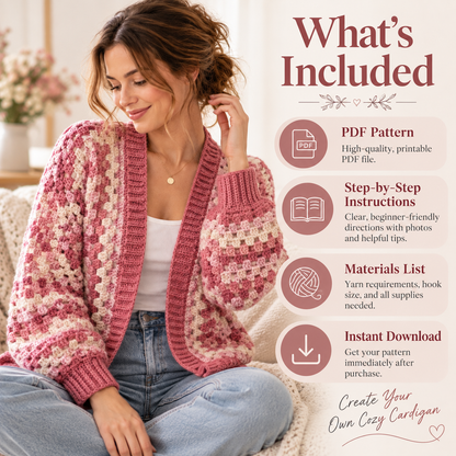 Pink Granny Stitch Cardigan Crochet Pattern – Women's PDF Pattern