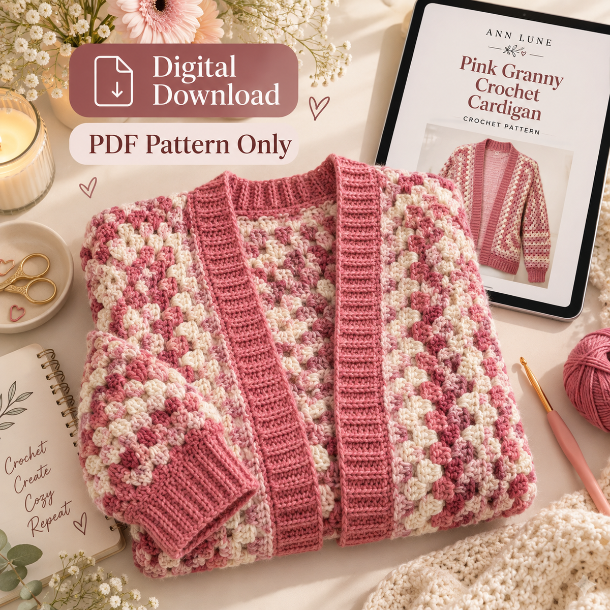 Pink Granny Stitch Cardigan Crochet Pattern – Women's PDF Pattern