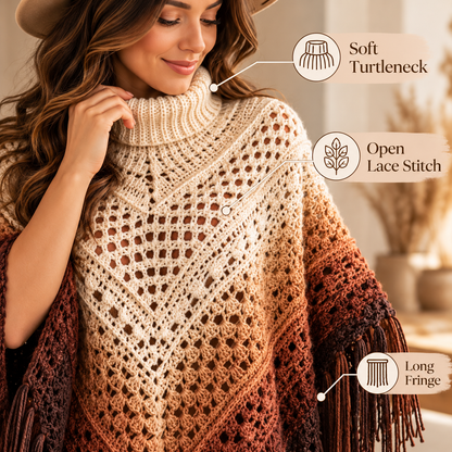Ombre Fringe Poncho Crochet Pattern – Turtleneck Lace Poncho PDF Pattern