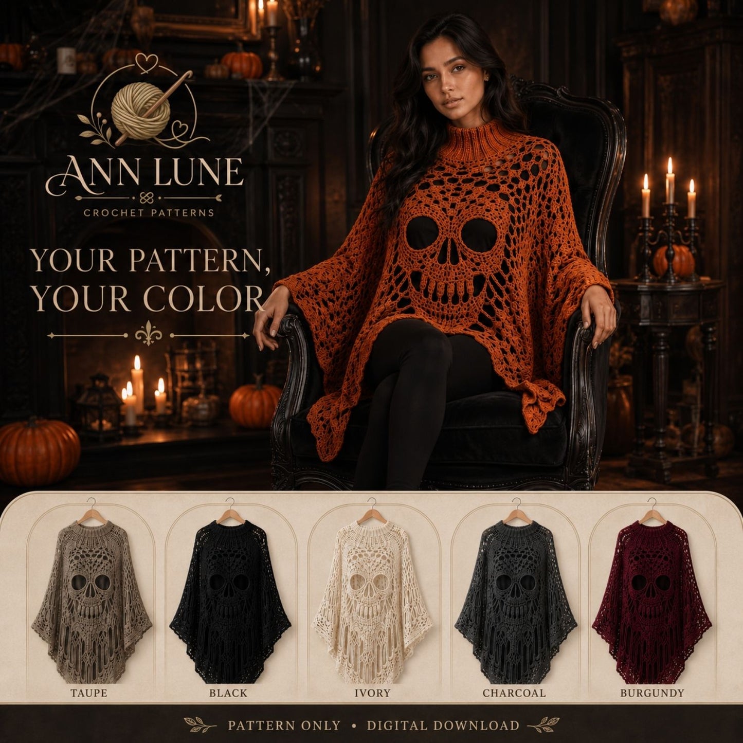 Skull Lace Poncho Crochet Pattern PDF | Step-by-Step Gothic Sweater Tutorial | Halloween Skull Top