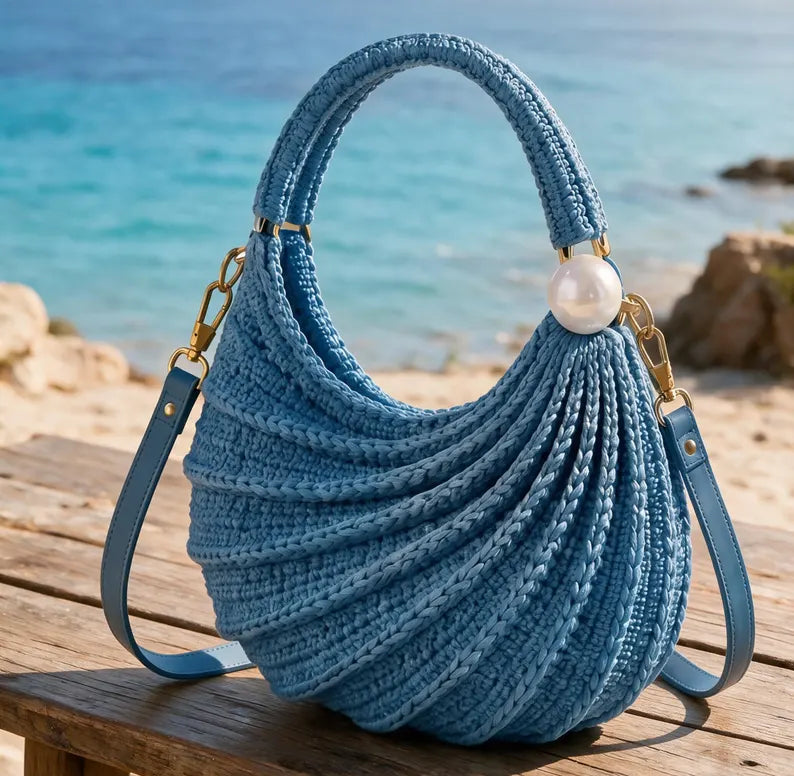Wavy Hobo Bag Crochet Pattern PDF, Trendy Wave Shoulder Bag Tutorial, Pearl Handle Purse, Instant Digital Download