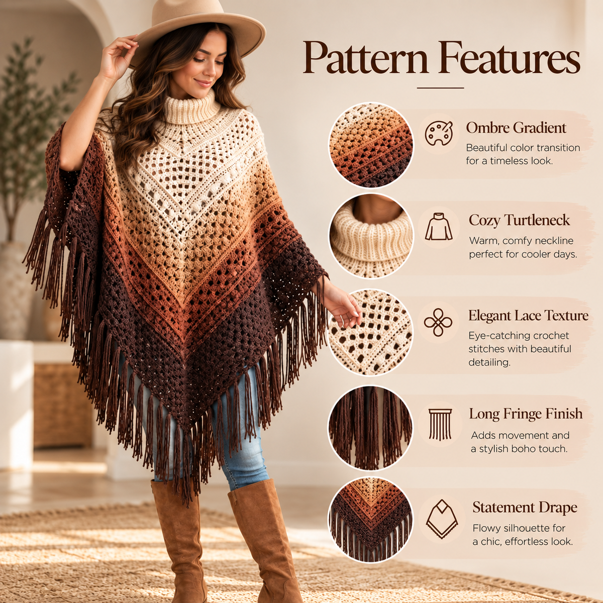 Ombre Fringe Poncho Crochet Pattern – Turtleneck Lace Poncho PDF Pattern