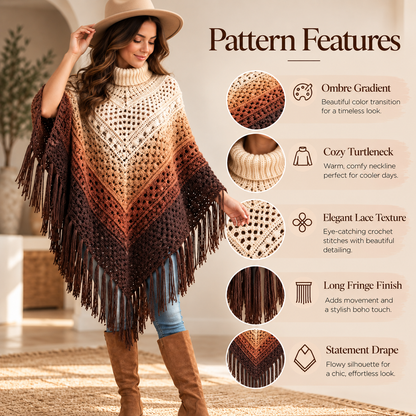 Ombre Fringe Poncho Crochet Pattern – Turtleneck Lace Poncho PDF Pattern