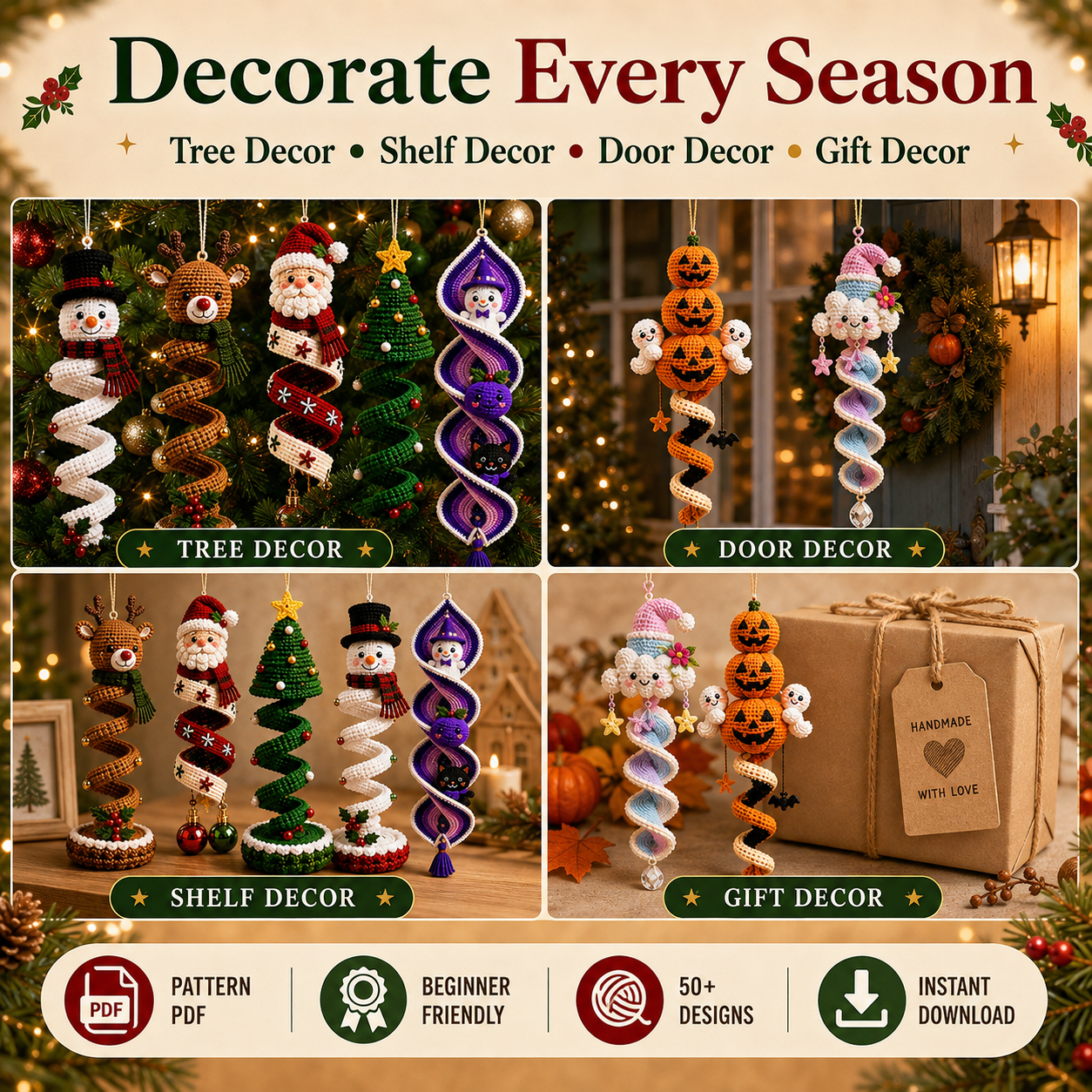 50+ Crochet Spiral Hanging Ornament Patterns PDF – Christmas & Halloween Mega Bundle