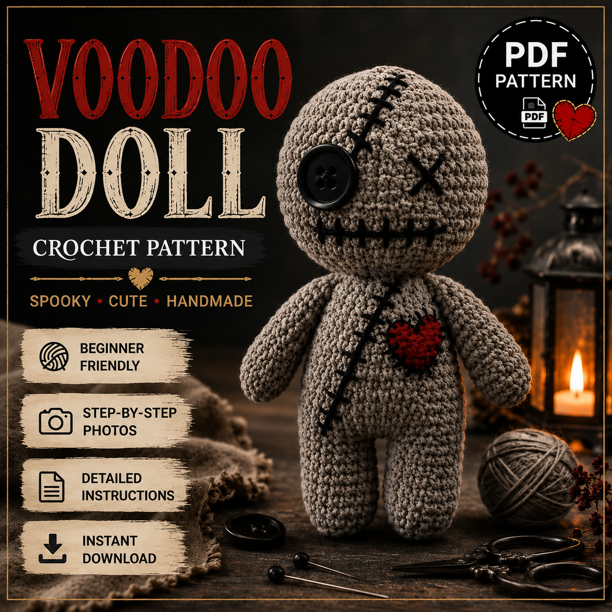 Voodoo Doll Crochet Pattern PDF | Halloween Amigurumi | Gothic Plush Doll | Beginner Crochet Tutorial | Instant Download