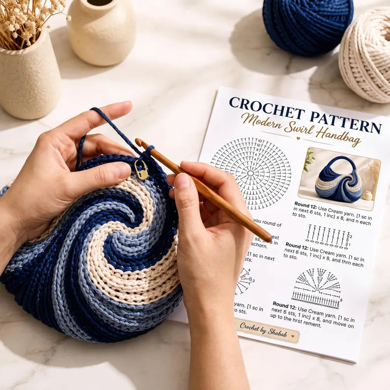 Wavy Hobo Bag Crochet Pattern PDF, Modern Swirl Shoulder Purse Tutorial, Pearl Handle Handbag, Instant Download